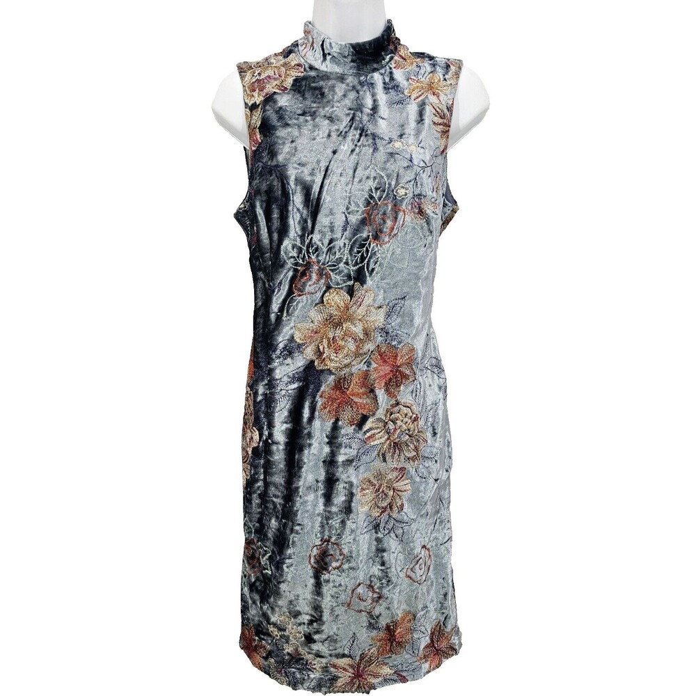 VTG ECI Blue Velvet Floral Bodycon Dress 2 Embroidered Sheath 90s Y2K Whimsigoth